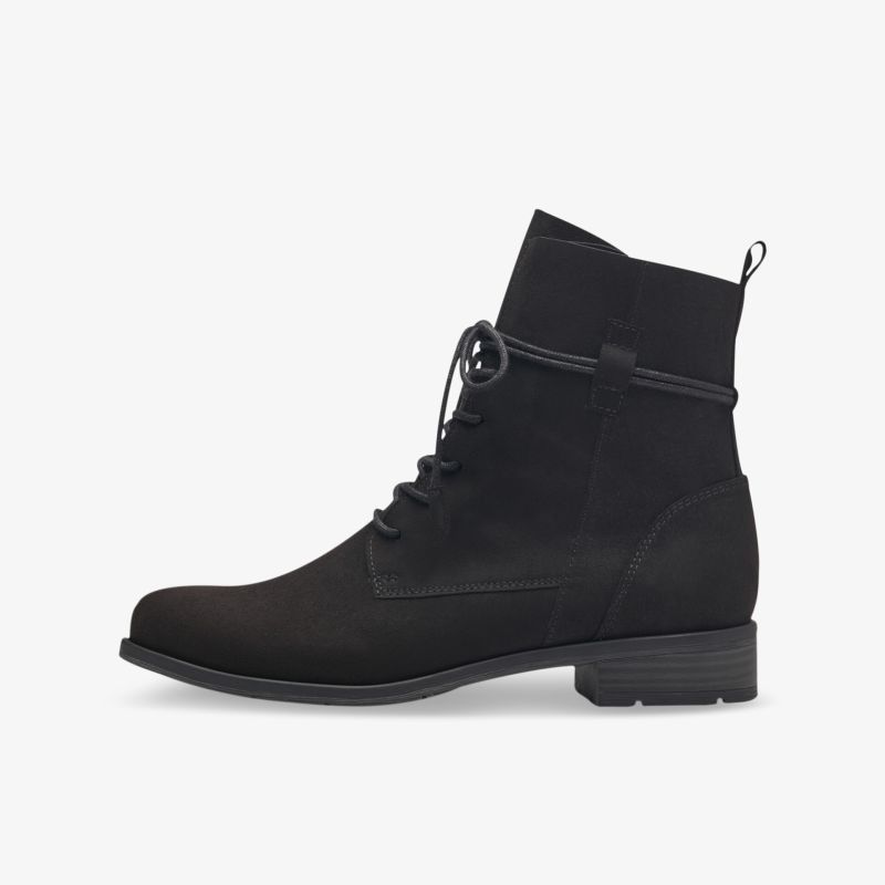 Elegante schwarze Stiefelette mit Schnürung und robuster Sohle in Lederoptik für vielseitiges Styling.