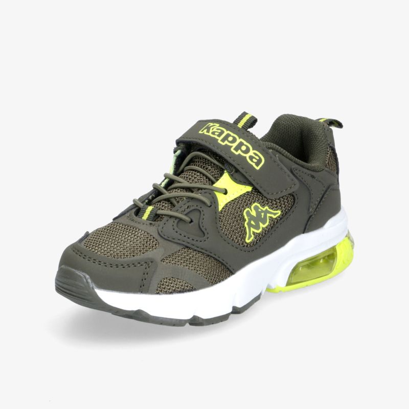 Sportlicher Sneaker mit Klettverschluss in Olivgrün und Neonakzenten für optimalen Halt und Komfort.