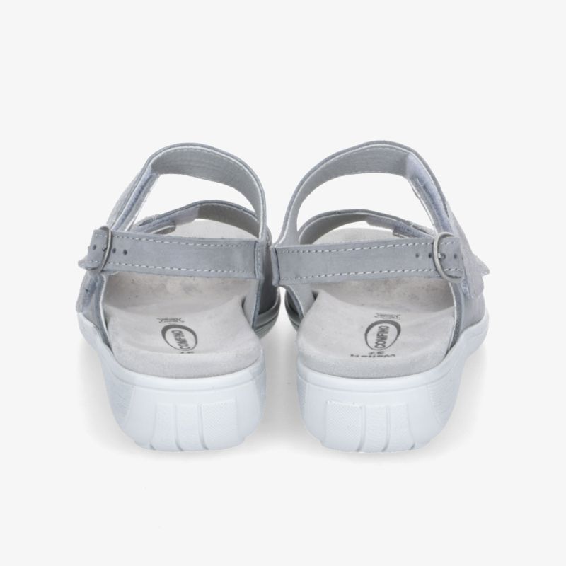 Bequeme graue Sandalen mit verstellbarem Riemen und profilierter Sohle, Paaransicht von hinten