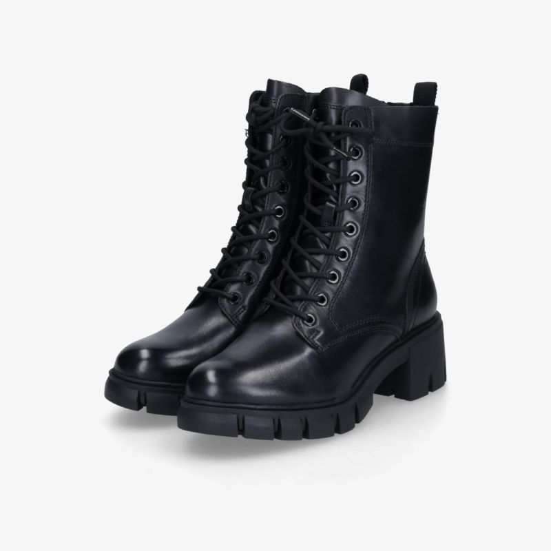 Schwarze Schnürstiefel aus Leder mit robuster, profilierter Sohle und komfortablem Design