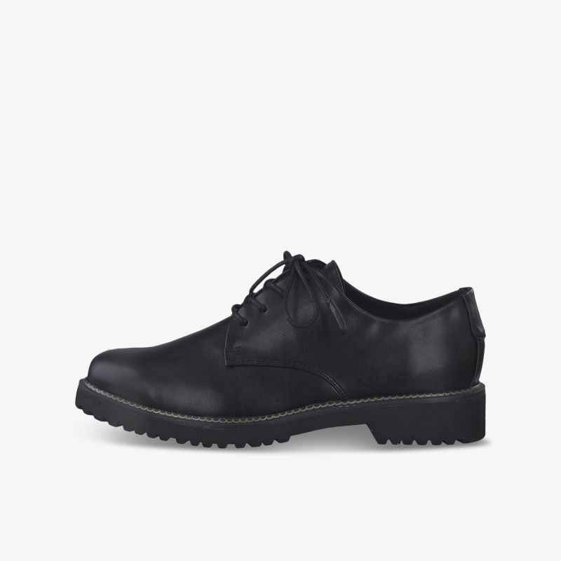 Schwarzer klassischer Lederschuh seitliche Ansicht mit robustem Profil und schnürverschluss, eleganter und komfortabler Alltagsbegleiter