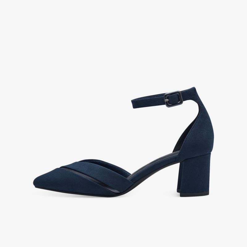 Dunkelblauer eleganter Sandaletten-Schuh mit mittelhohem Blockabsatz und verstellbarem Riemen seitlich