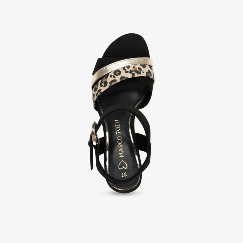Eleganter Sandalenschuh mit Leopardenmuster und goldenem Akzent, verstellbarer Riemen für optimalen Halt