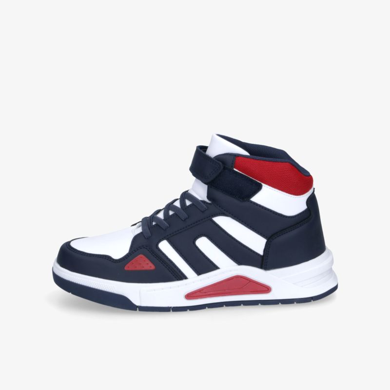 Seitenansicht sportlicher hoher Schuh mit robuster Schnürung und modernem Design in Blau, Weiß und Rot