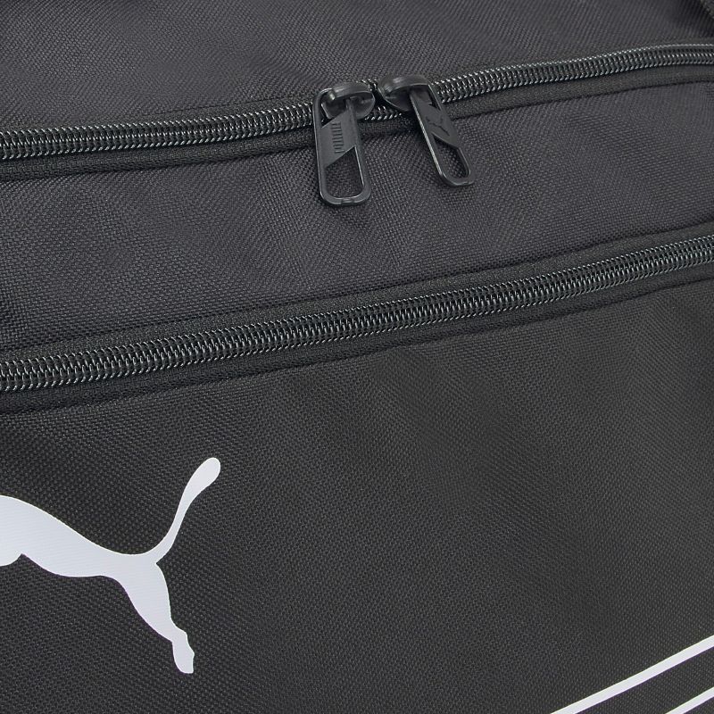 Schwarze Sporttasche mit Reißverschlüssen und auffälligem Logo-Design für stilvolle Aufbewahrung