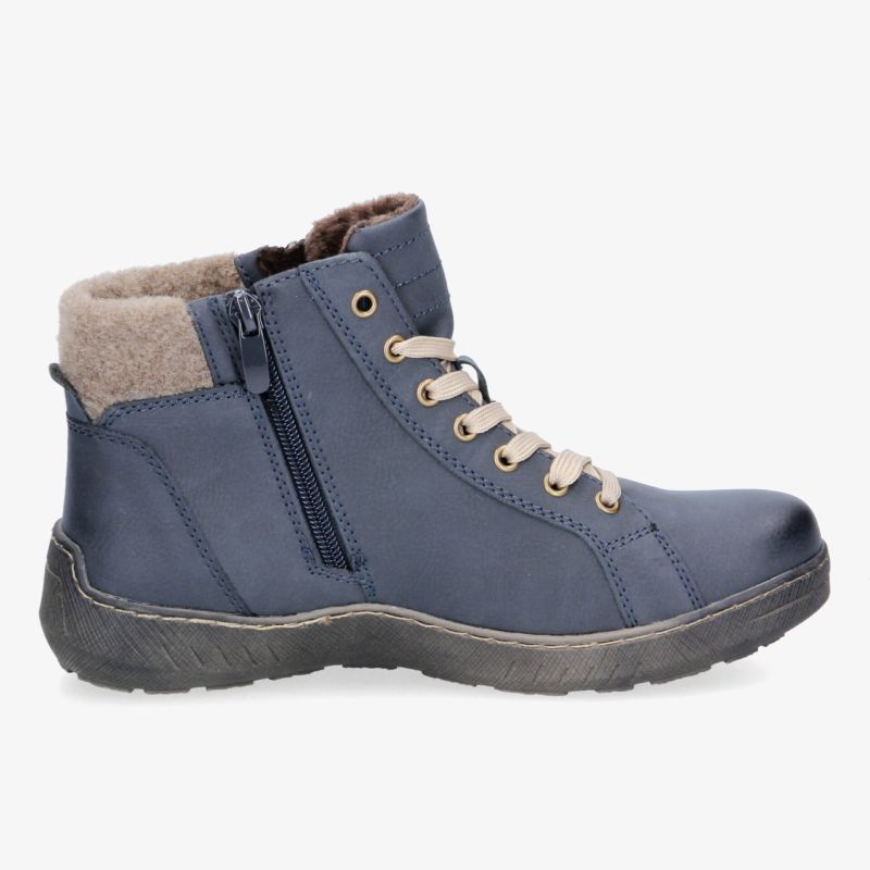Warmer, bequemer blauer Stiefel mit Reißverschluss und Schnürung, ideal für kalte Tage und rutschige Flächen.