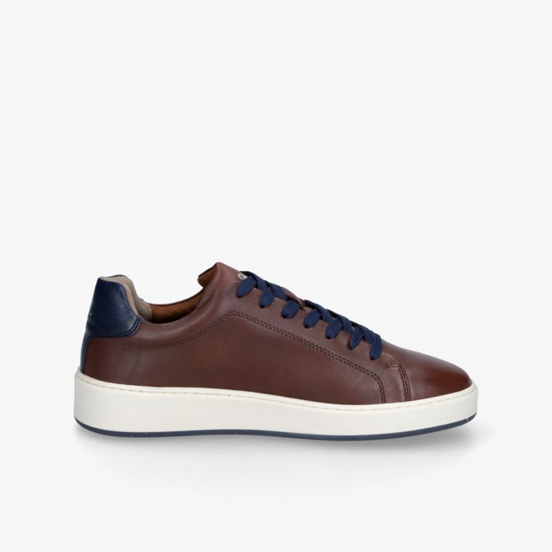 Seitlich abgebildeter brauner Ledersneaker mit weißer Sohle und blauen Schnürsenkeln, sportlich und bequem