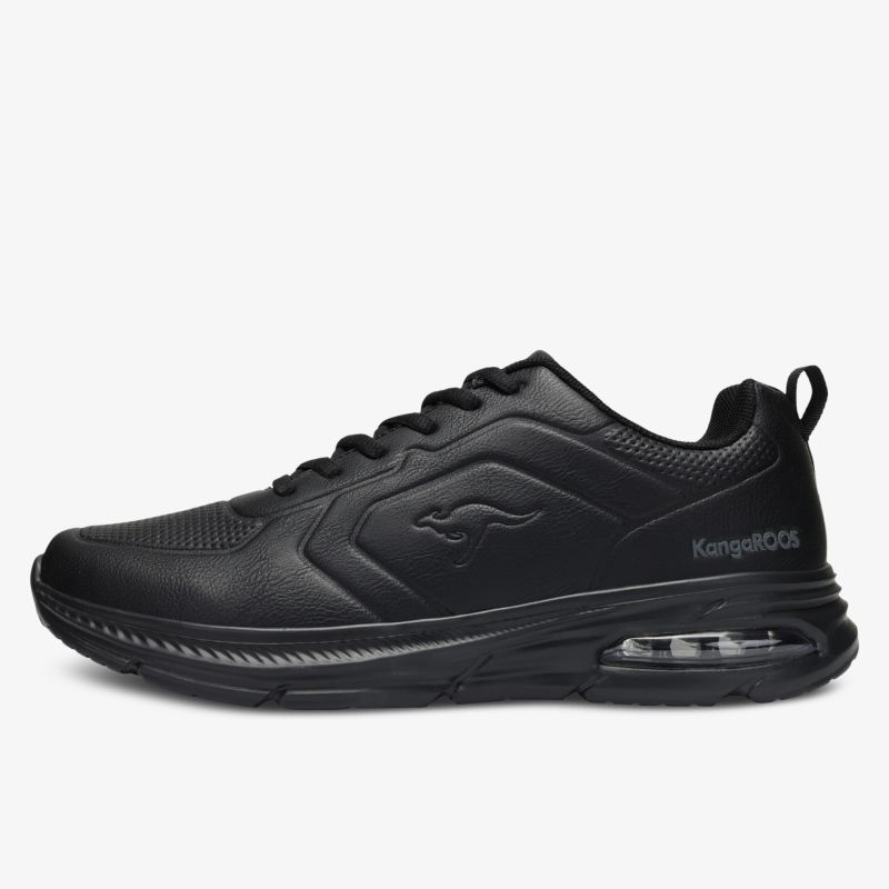 Sportlicher schwarzer Sneaker mit atmungsaktivem Material und sichtbarer Stoßdämpfung seitliche Ansicht