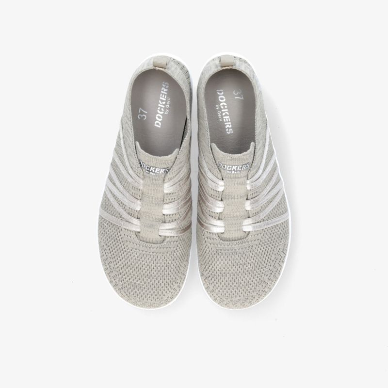 Bequeme graue Sneakers mit elastischem Design und modernem Look aus der Vogelperspektive