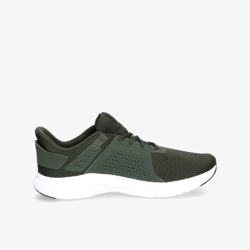 Moderner, atmungsaktiver Sneaker in dunklem Grün mit weißer Sohle. Perfekt für Alltag und Sportaktivitäten.