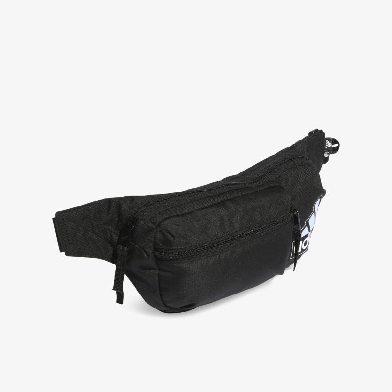 Schwarze Gürteltasche mit mehreren Fächern, Reißverschluss und verstellbarem Gurt, ideal für unterwegs