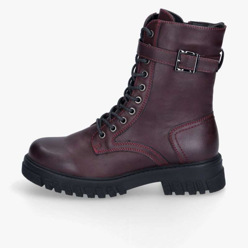 Robuster, komfortabler bordeauxfarbener Lederstiefel mit Schnürung und verstellbarer Schnalle seitliche Ansicht