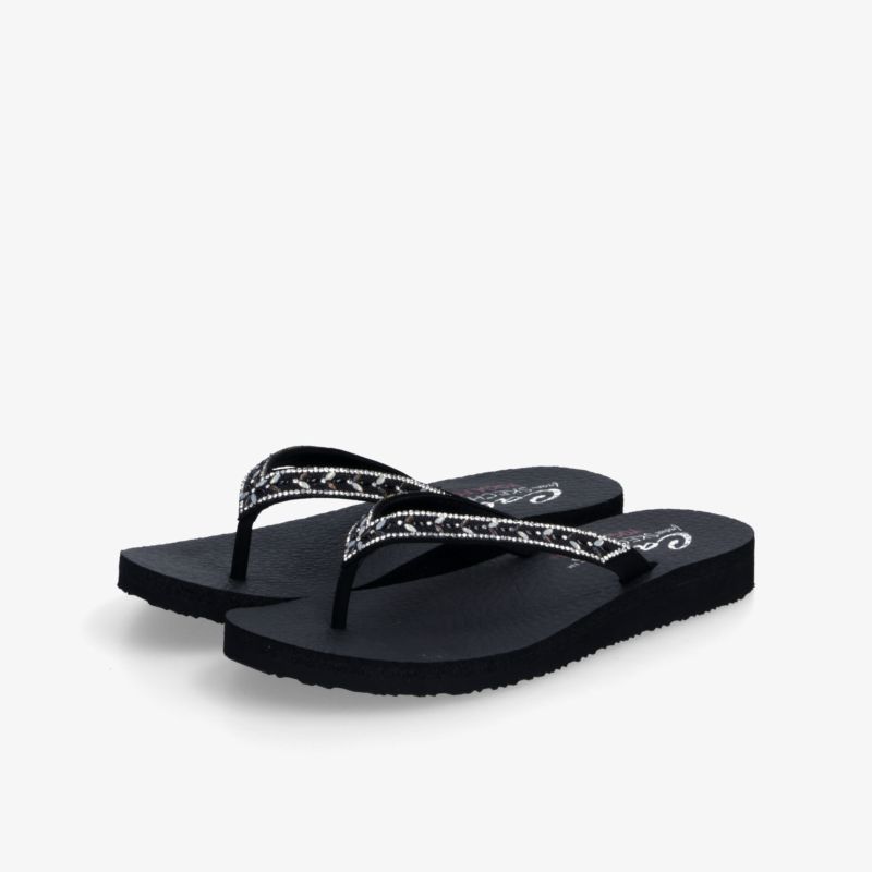 Bequeme schwarze Flip Flops mit dekorativem Muster, rutschfeste Sohle und leichter, flexibler Konstruktion