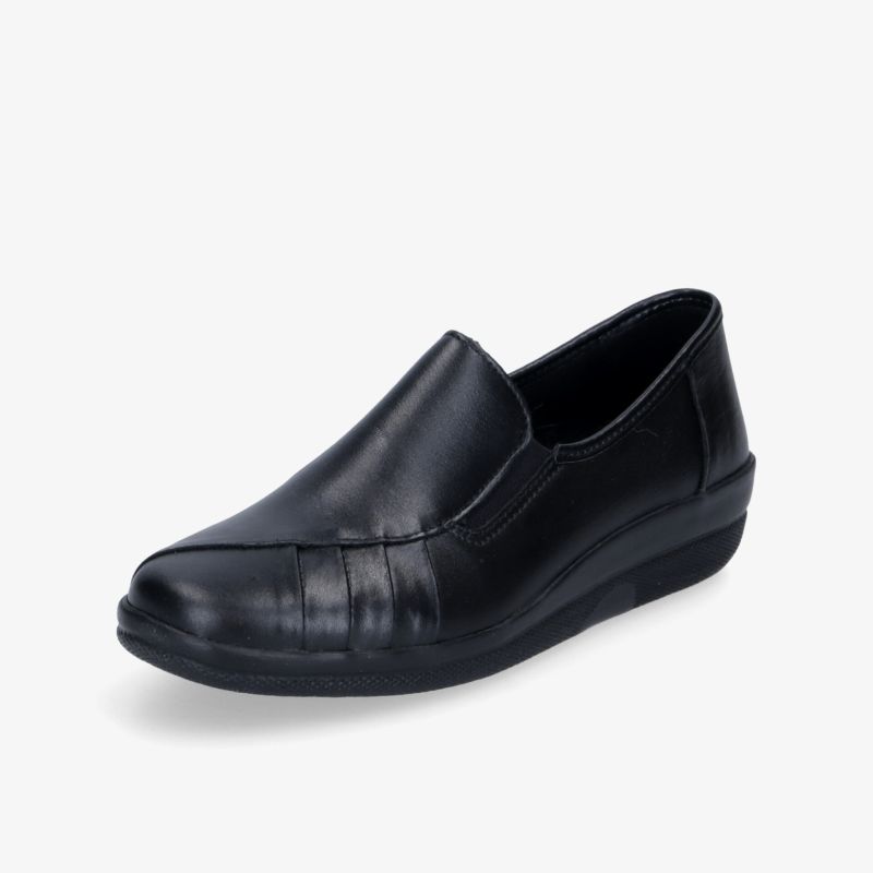 Bequemer schwarzer Lederschuh mit rutschfester Sohle und elegantem Design für vielseitigen Einsatz.