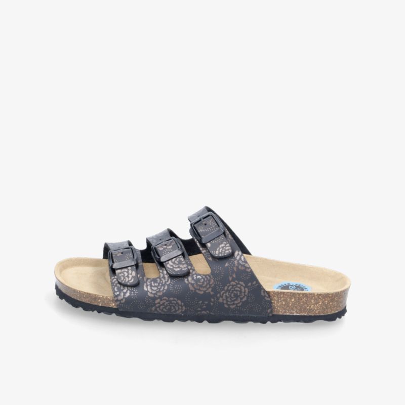 Schwarze Sandale mit verstellbaren Klettverschlüssen, ergonomischem Fußbett und rutschfester Sohle für hohen Tragekomfort