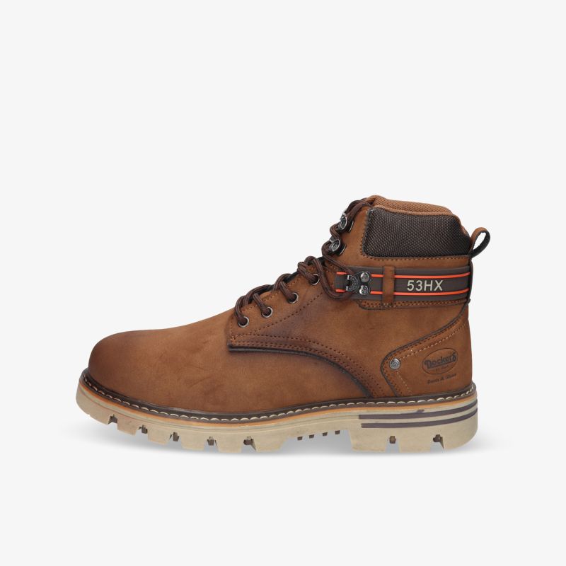 Robuster brauner Lederstiefel mit gepolsterter Manschette, robustem Profil und bequemer Passform seitlich abgebildet