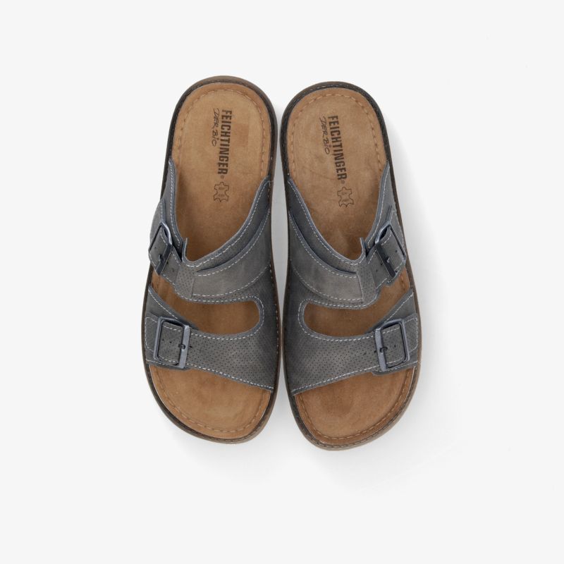 Bequeme graue Ledersandalen mit verstellbaren Schnallen und gepolstertem Fußbett für optimalen Tragekomfort