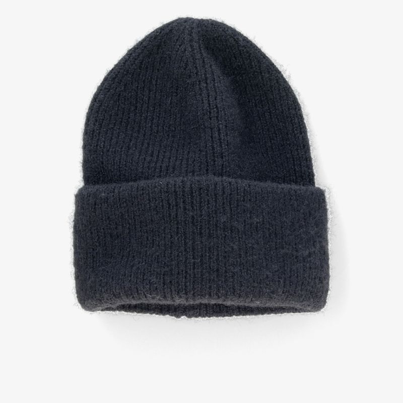 Warme, weiche und komfortable dunkelblaue Strickmütze mit klassischem Umschlag-Design