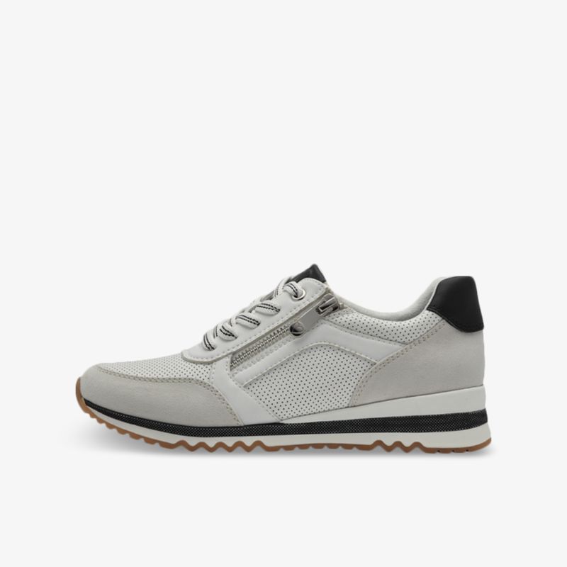Moderner grauer Sneaker mit atmungsaktivem Material, bequem, rutschfester Sohle und stabilem Design seitlich gezeigt