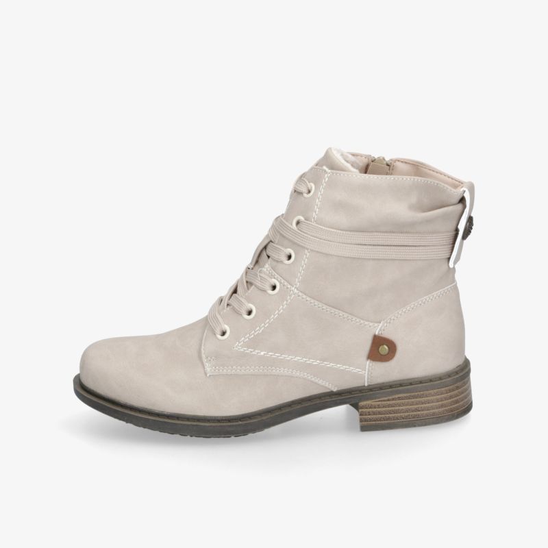 Beiger robuster Winterstiefel mit Schnürung und Reißverschluss, komfortabel und strapazierfähig, seitliche Ansicht