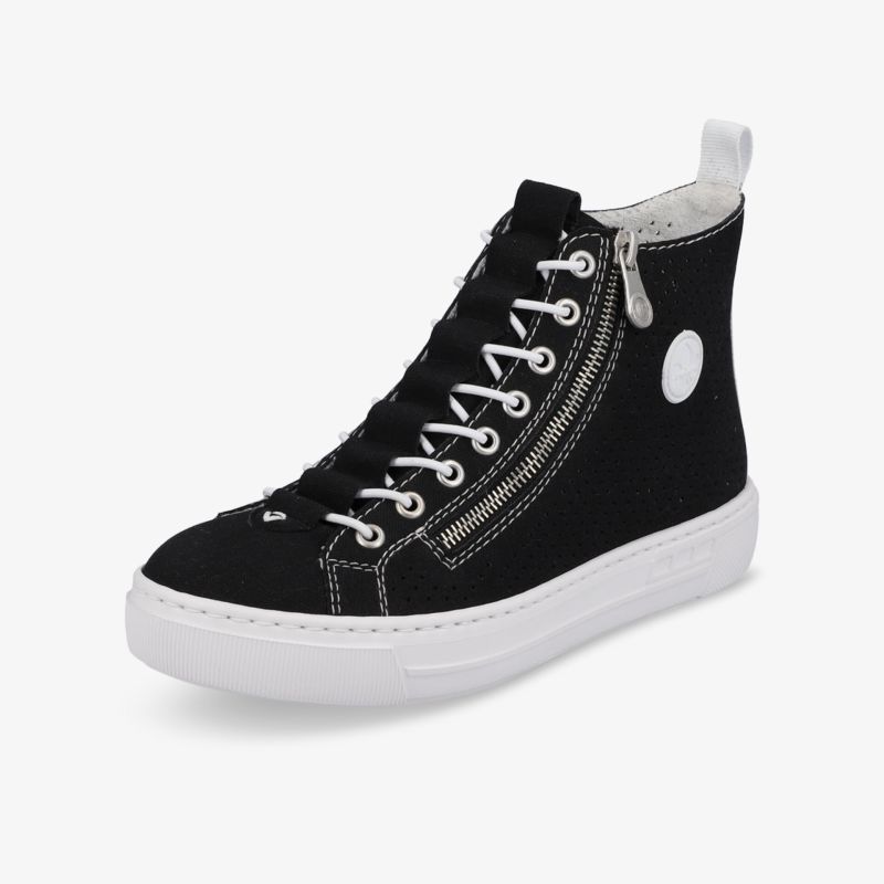 Moderner schwarzer Sneaker mit weißer Sohle und Reißverschluss für stilvollen Komfort und Flexibilität.