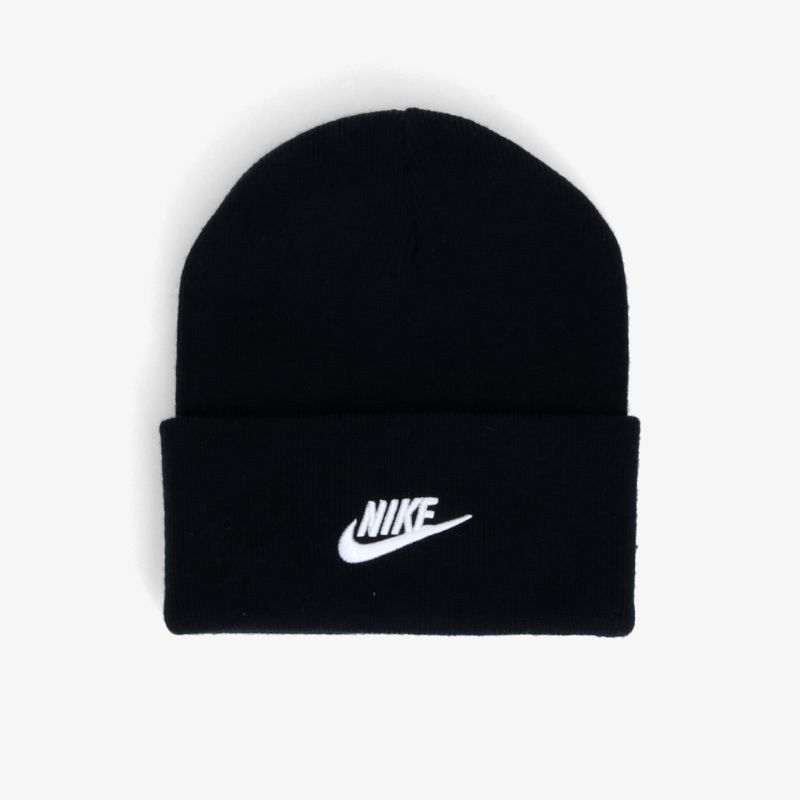 Schwarze Nike Beanie Mütze mit weißem Logo, bequem und warm für kalte Tage, klassisches Design