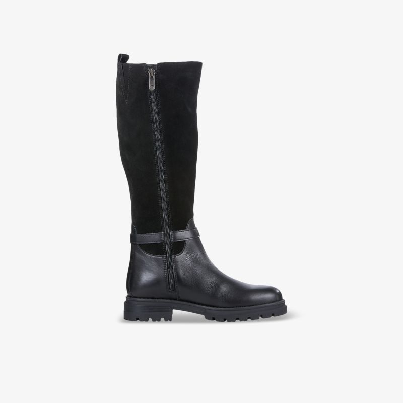 Schwarzer langer Stiefel mit robustem Absatz und praktischem Reißverschluss, ideal für sicheren Halt und Komfort