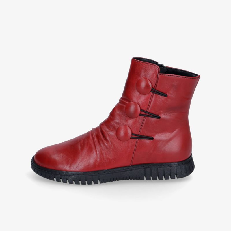 Seitlich sichtbarer roter Schuh mit flexibler Gummisohle und bequemer Passform für hohen Tragekomfort