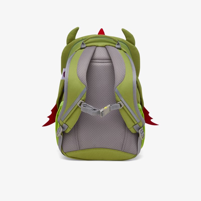 Grüner Kinderrucksack mit Dinosaurier-Details und verstellbaren, bequemen Schultergurten für optimalen Tragekomfort.