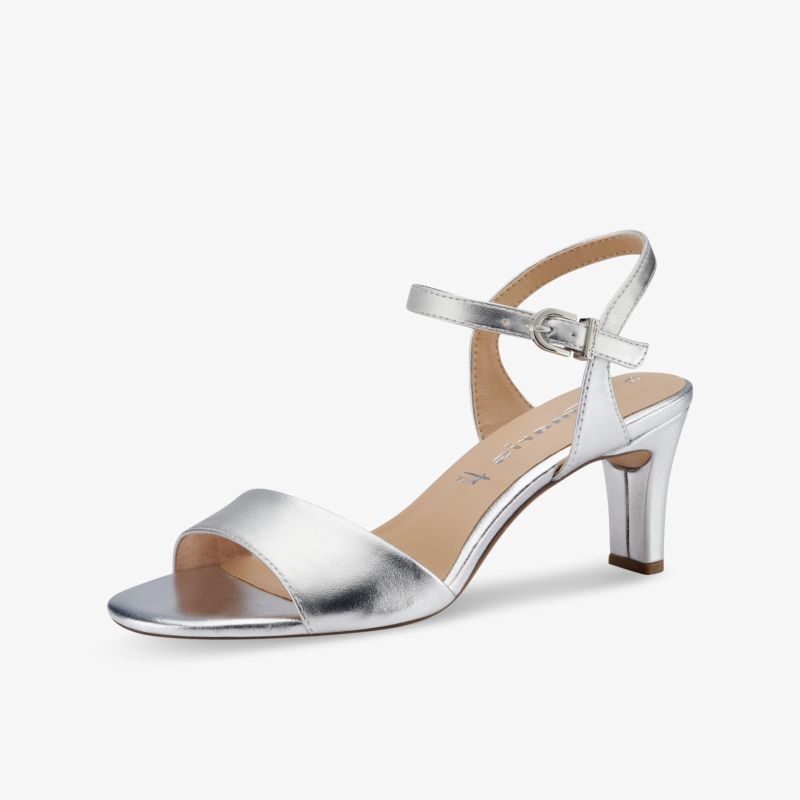 Elegante silberne Sandalen mit bequemem Absatz und verstellbarem Schnallenverschluss für stilvolle Anlässe.