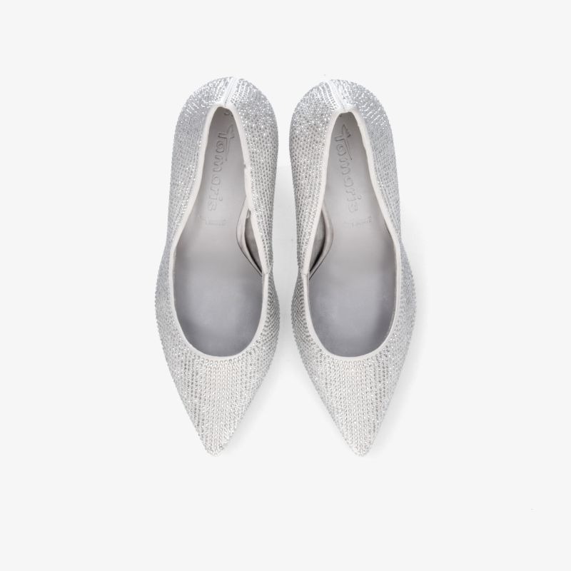 Elegante silberne Pumps mit funkelndem Design und spitzer Form, ideal für festliche Anlässe