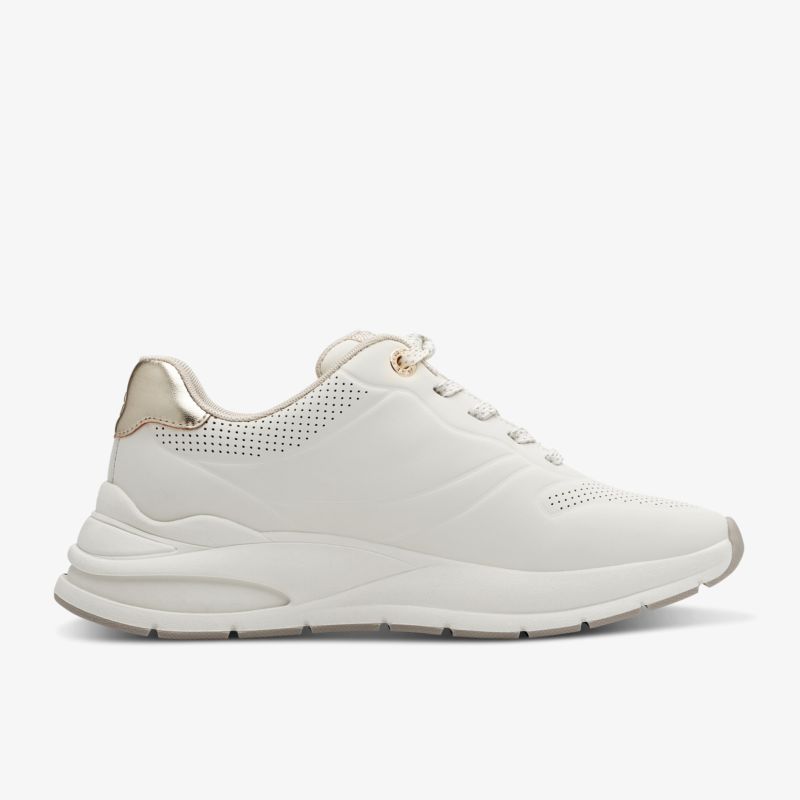 Eleganter weißer Sneaker mit goldenen Akzenten, bequeme Passform und modisches Design für jeden Anlass.