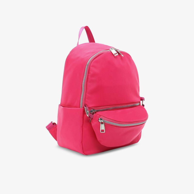 Modischer pinker Rucksack mit mehreren Reißverschlusstaschen und verstellbaren Trägern.
