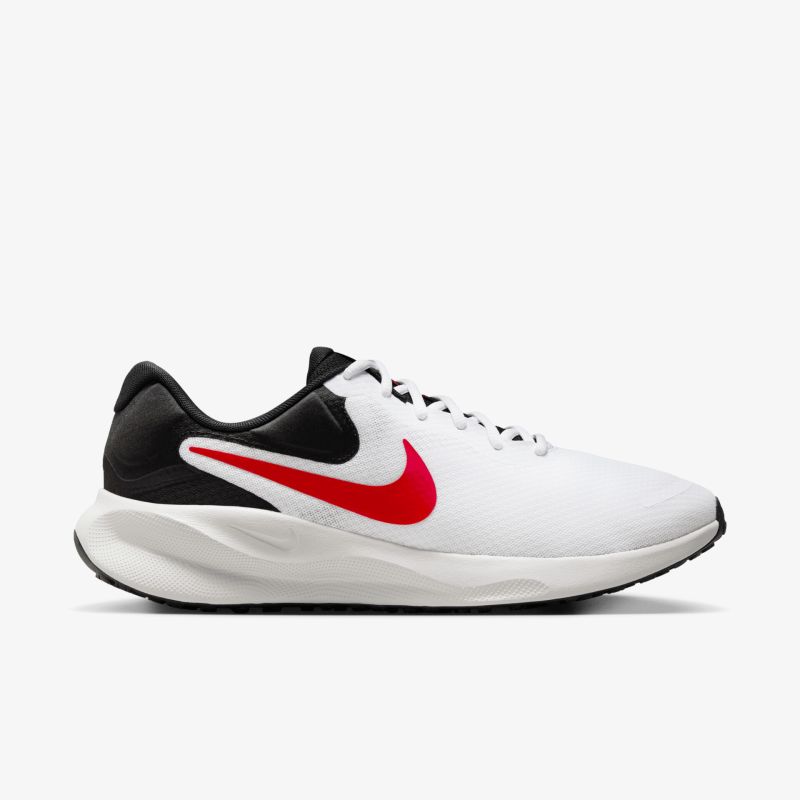Seitliche Ansicht eines leichten und komfortablen Laufschuhs mit rotem Nike-Swoosh und gepolsterter Sohle