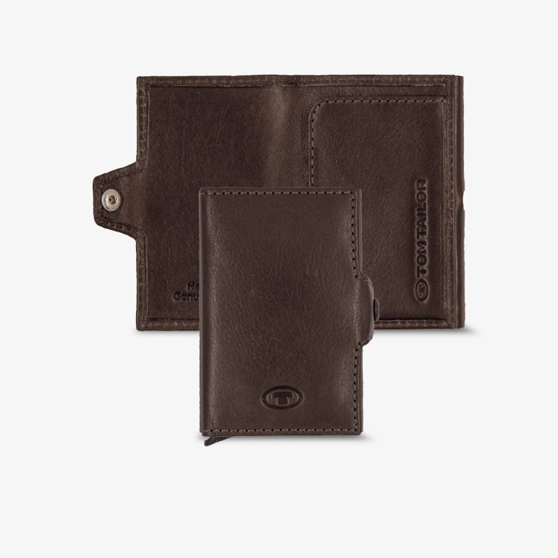Elegante braune Leder-Geldbörse mit Schnappverschluss und kompaktem Design für stilvolle Aufbewahrung.