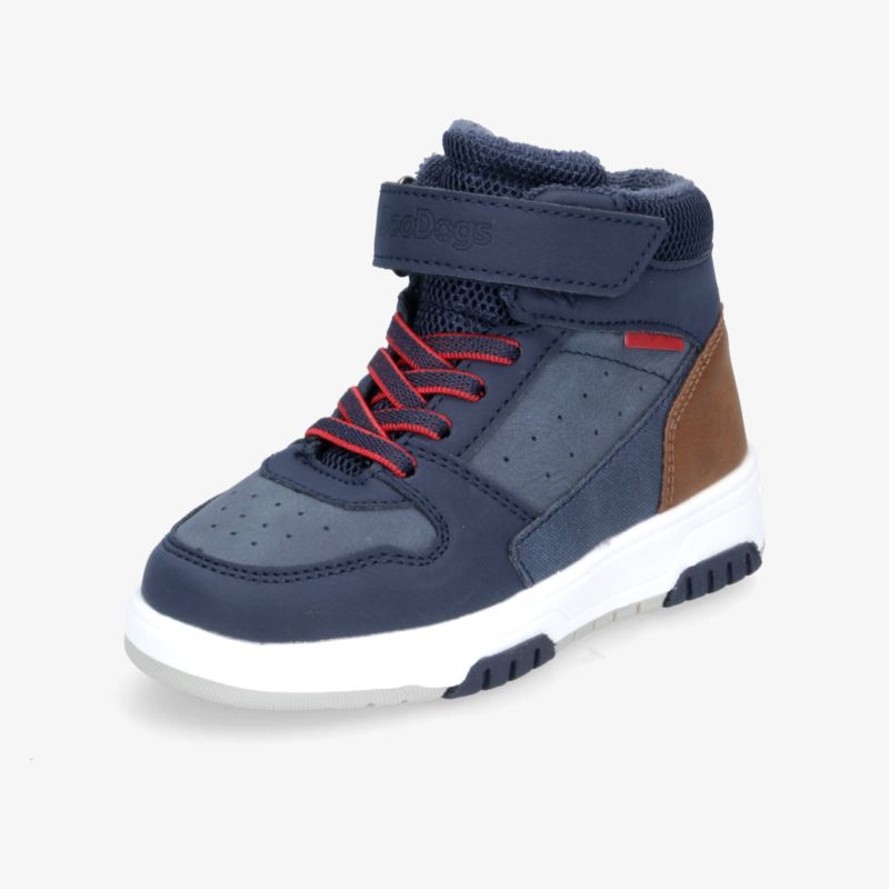Modischer blauer Schuh mit Klettverschluss, rutschfester Sohle und roten Schnürsenkeln für hohen Tragekomfort.