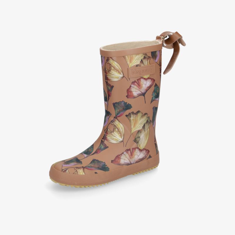 Regentauglicher, robuster Gummistiefel mit rutschfester Sohle und verstellbarem Riemen in herbstlichem Muster