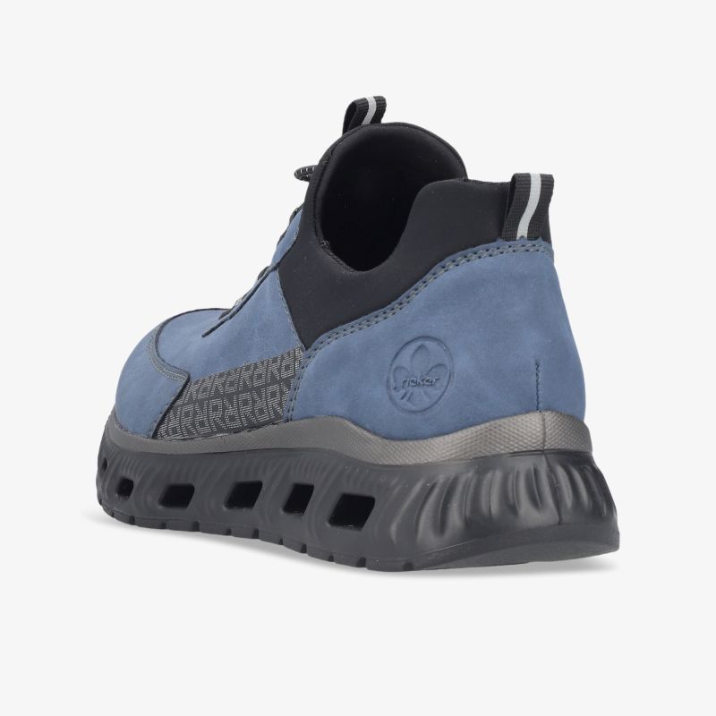 seitliche Ansicht eines blauen Schuhs mit komfortabler, rutschfester und stoßdämpfender Sohle