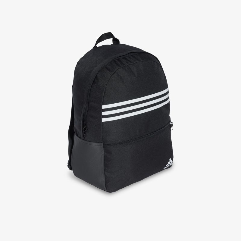 Moderner schwarzer Rucksack mit drei weißen Streifen, geräumig und robust, ideal für Alltag und Freizeit