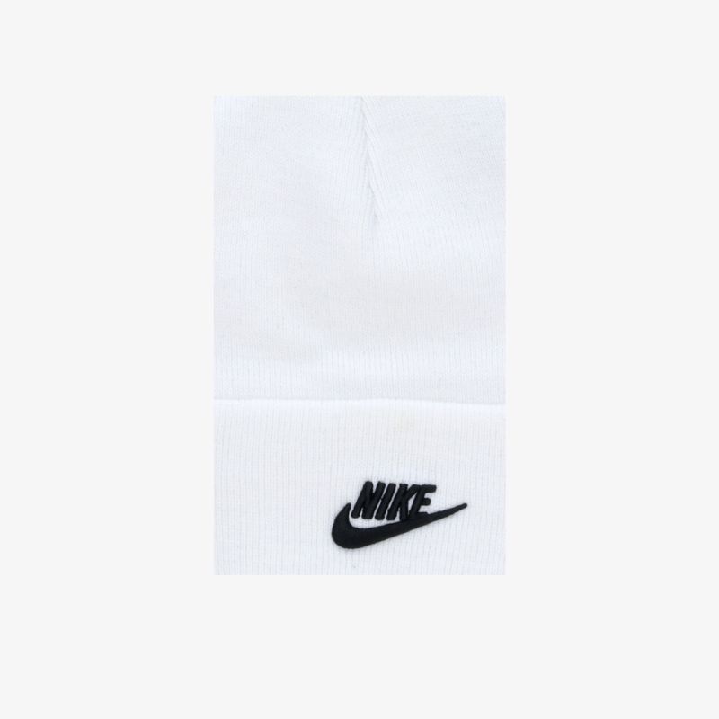 Weißes Nike-Produkt mit klarem schwarzem Logo, zeigt minimalistisches Design und hochwertige Verarbeitung