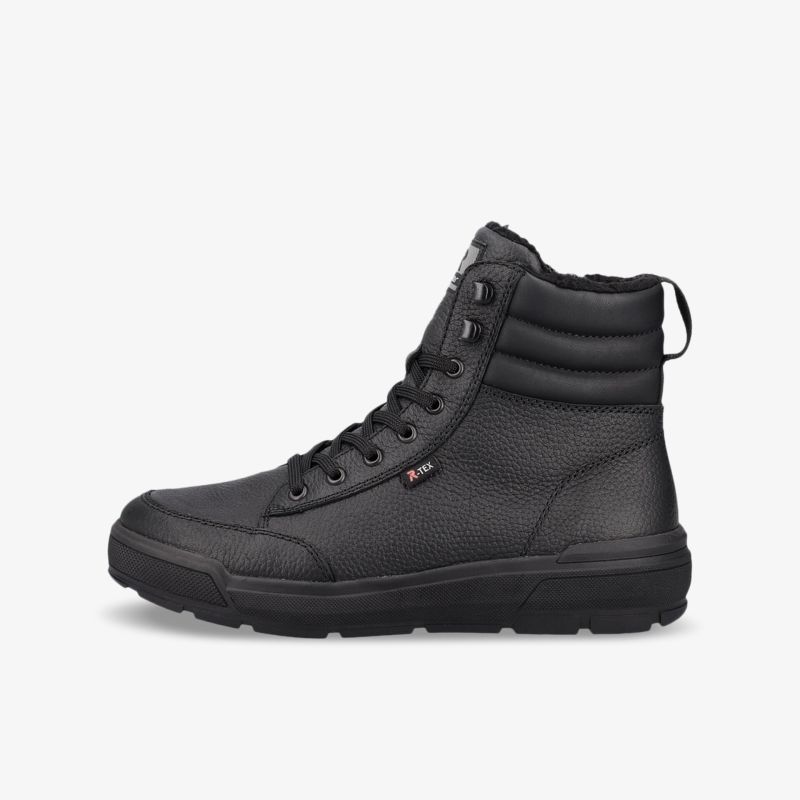 Schwarzer, robuster Lederschnürstiefel mit gepolstertem Kragen für optimalen Komfort und Haltbarkeit.