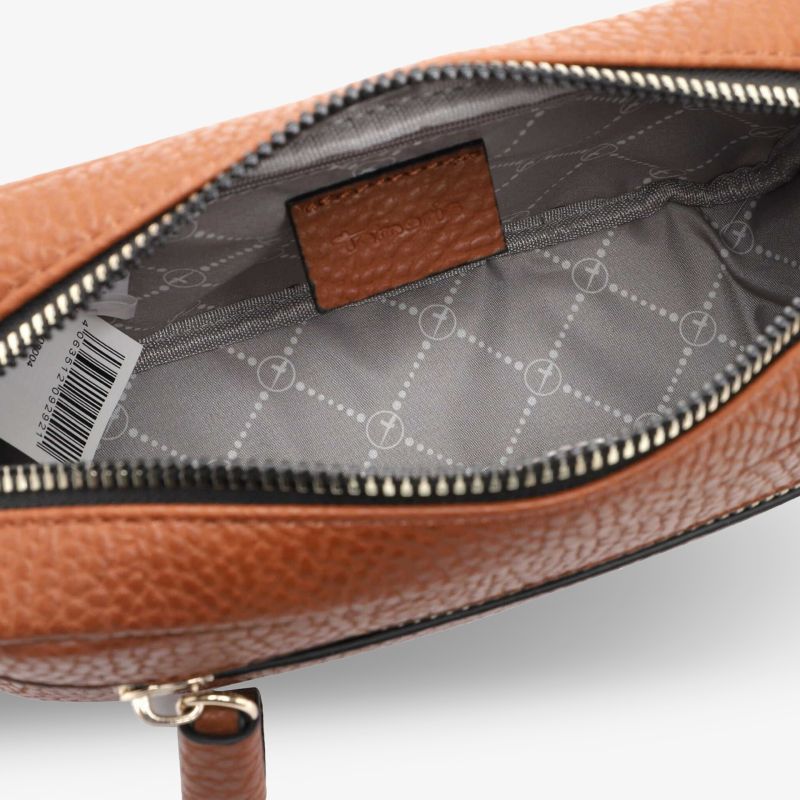 Elegante braune Tasche mit strukturiertem Finish, offener Reißverschluss, stilvoller Innenraum.