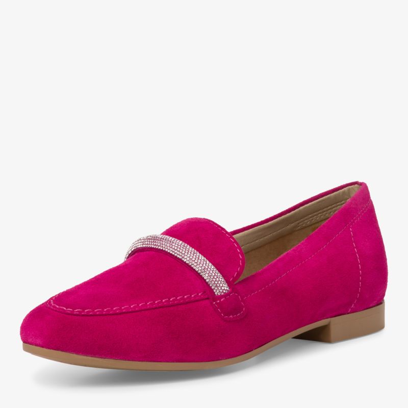 Eleganter pinker Wildleder-Loafer mit glänzender Verzierung, ideal für stilvolle Auftritte.