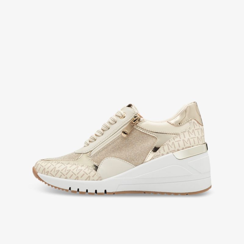 Beiger Wedgesneaker in seitlicher Ansicht mit Reißverschluss, leicht und komfortabel, modernes Design