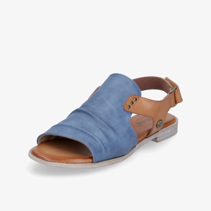 Bequeme blaue Sandale aus weichem Leder mit verstellbarem Verschluss und leicht profilierter Sohle