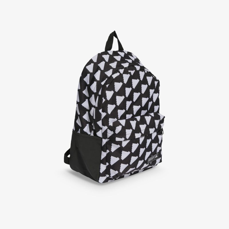 Moderner schwarzer Rucksack mit geometrischem Muster und geräumigem Hauptfach, ideal für den Alltag.