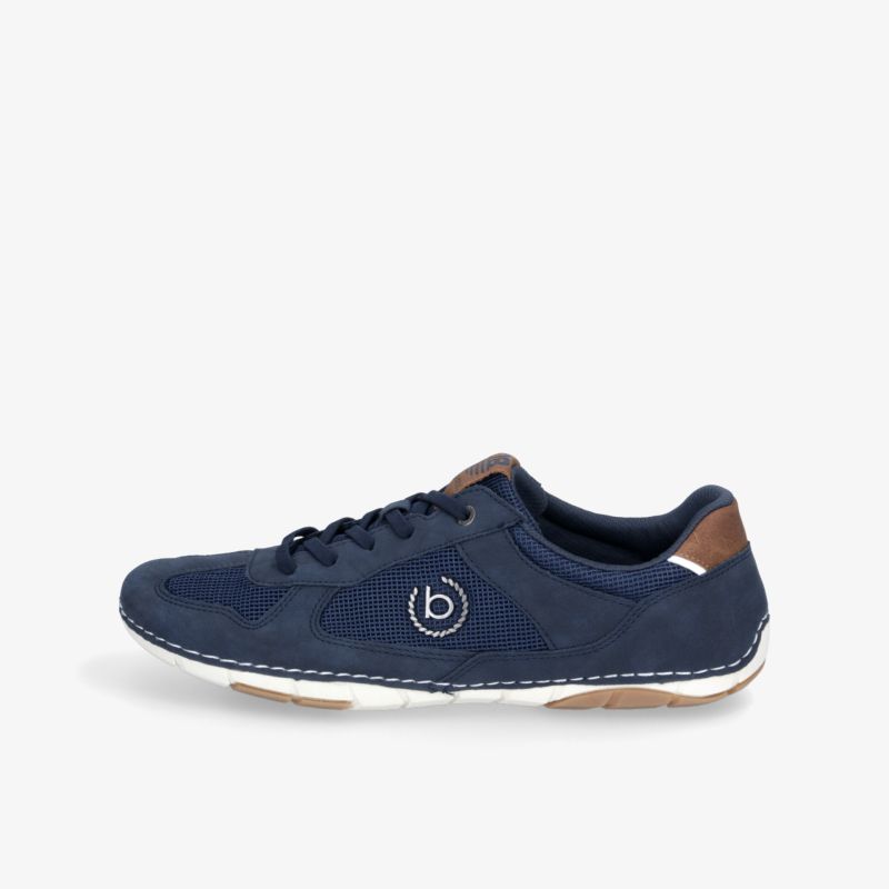 Sportlicher dunkelblauer Schuh mit braunen Akzenten und flexibler Sohle für hohen Tragekomfort.
