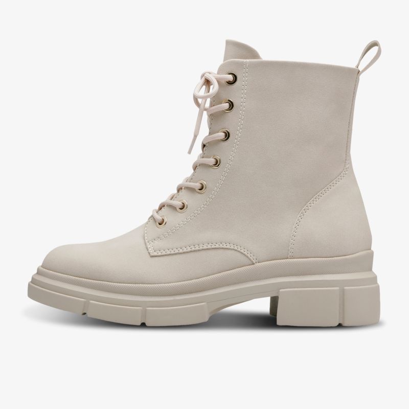 Moderner beiger Schnürstiefel mit robuster Sohle, ideal für urbanen Chic und stilvolles Auftreten.