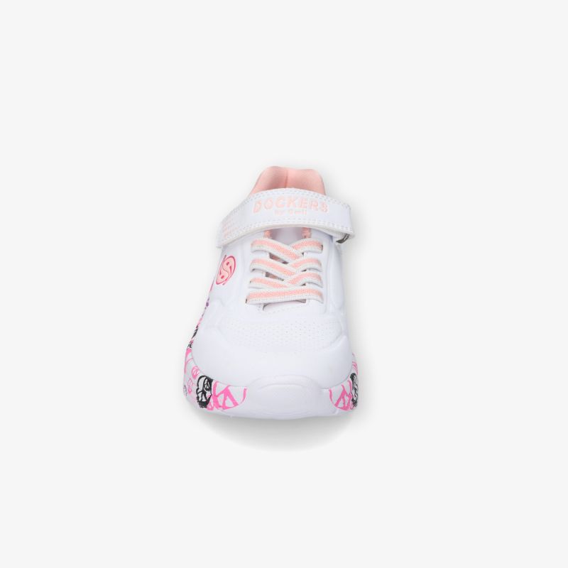 Weißer Sneaker mit rosa Details und Klettverschluss, vordere Ansicht