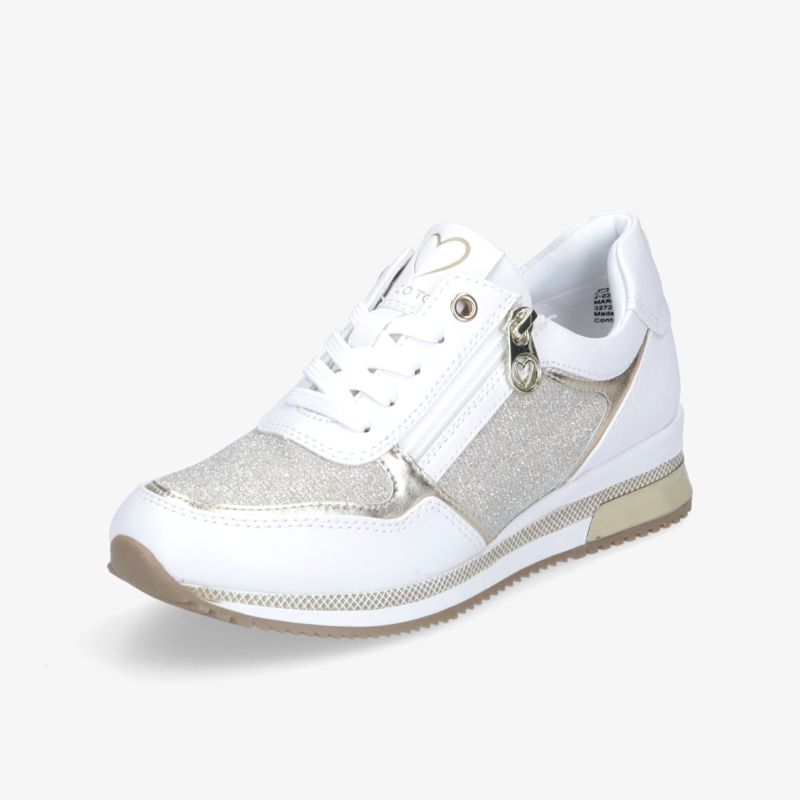 Moderner weißer Sneaker mit Glitzerelementen und Reißverschluss, ideal für stilvollen Komfort im Alltag.